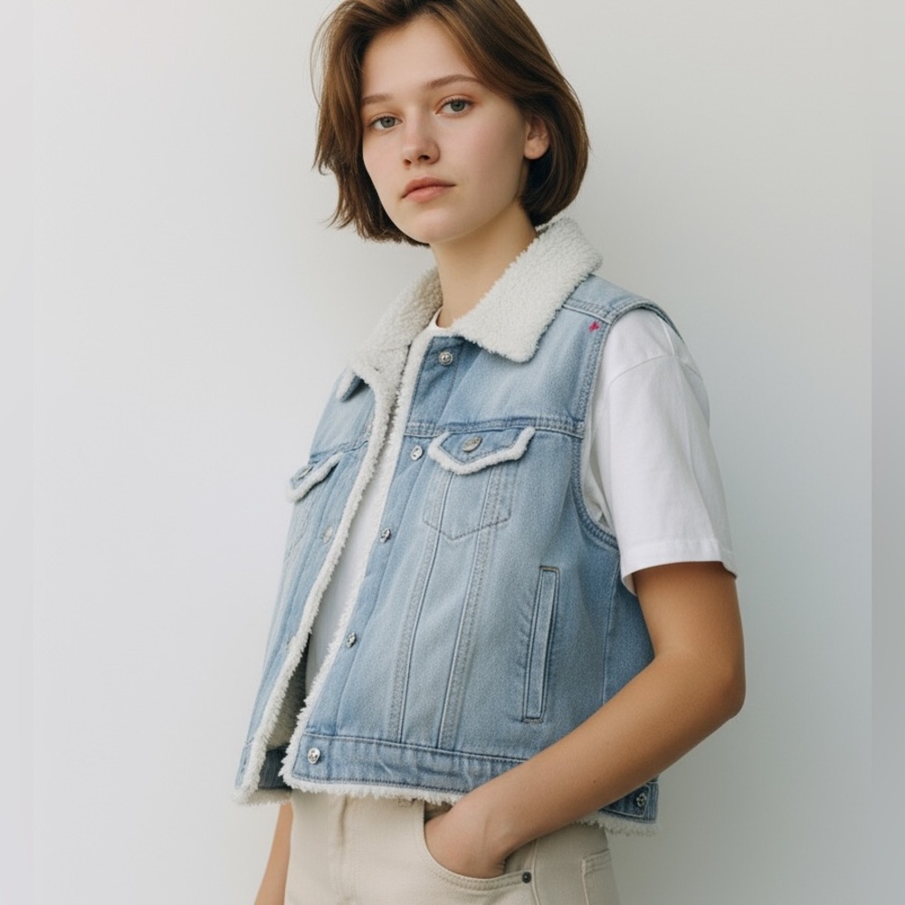 Madden NYC Women's Juniors Size XS Denim Vest with Faux Shearling Trim